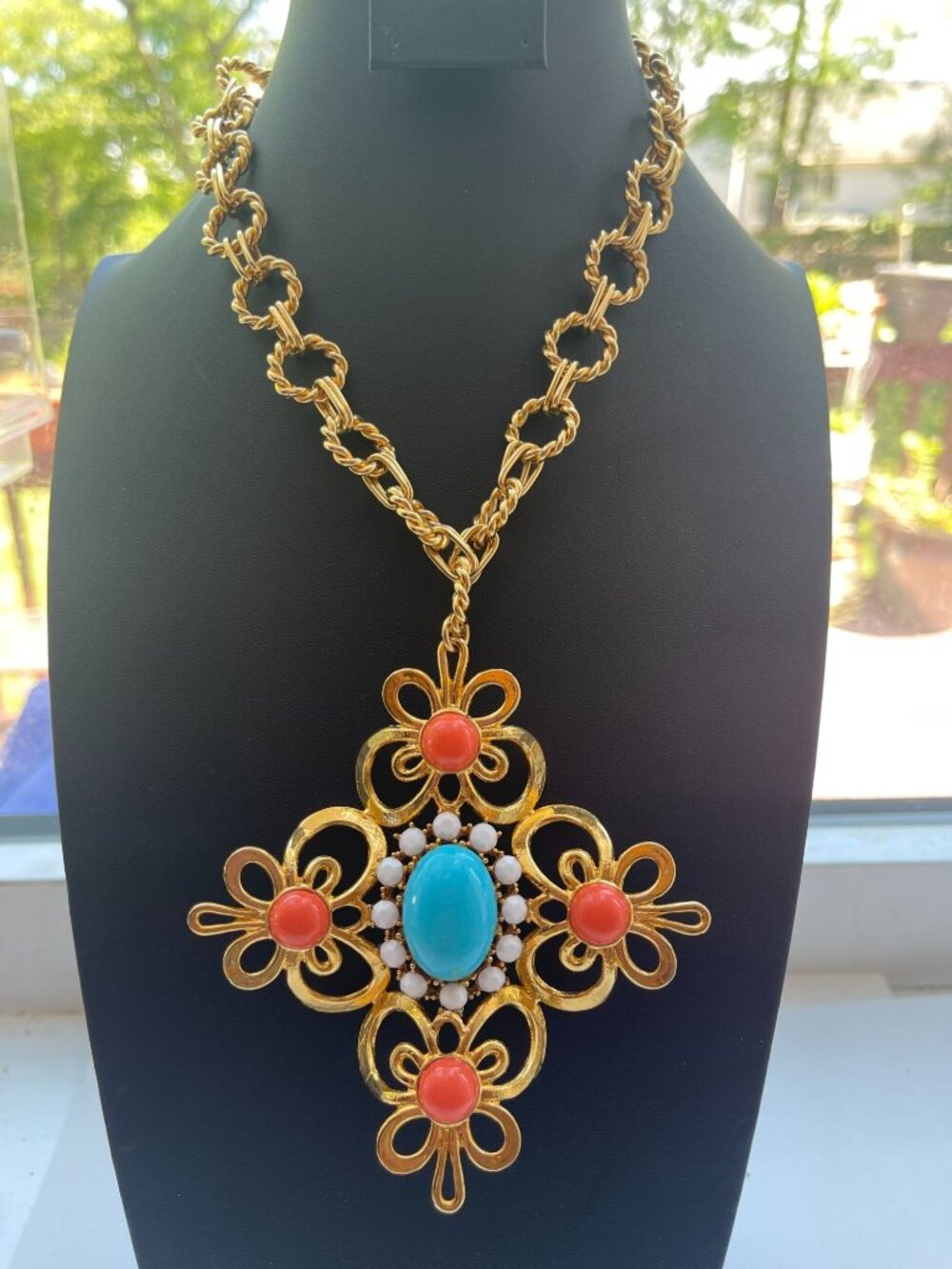 Vtg Graziano Maltese Cross Pendant Necklace Gold Tone Coral & Turquoise Accent F